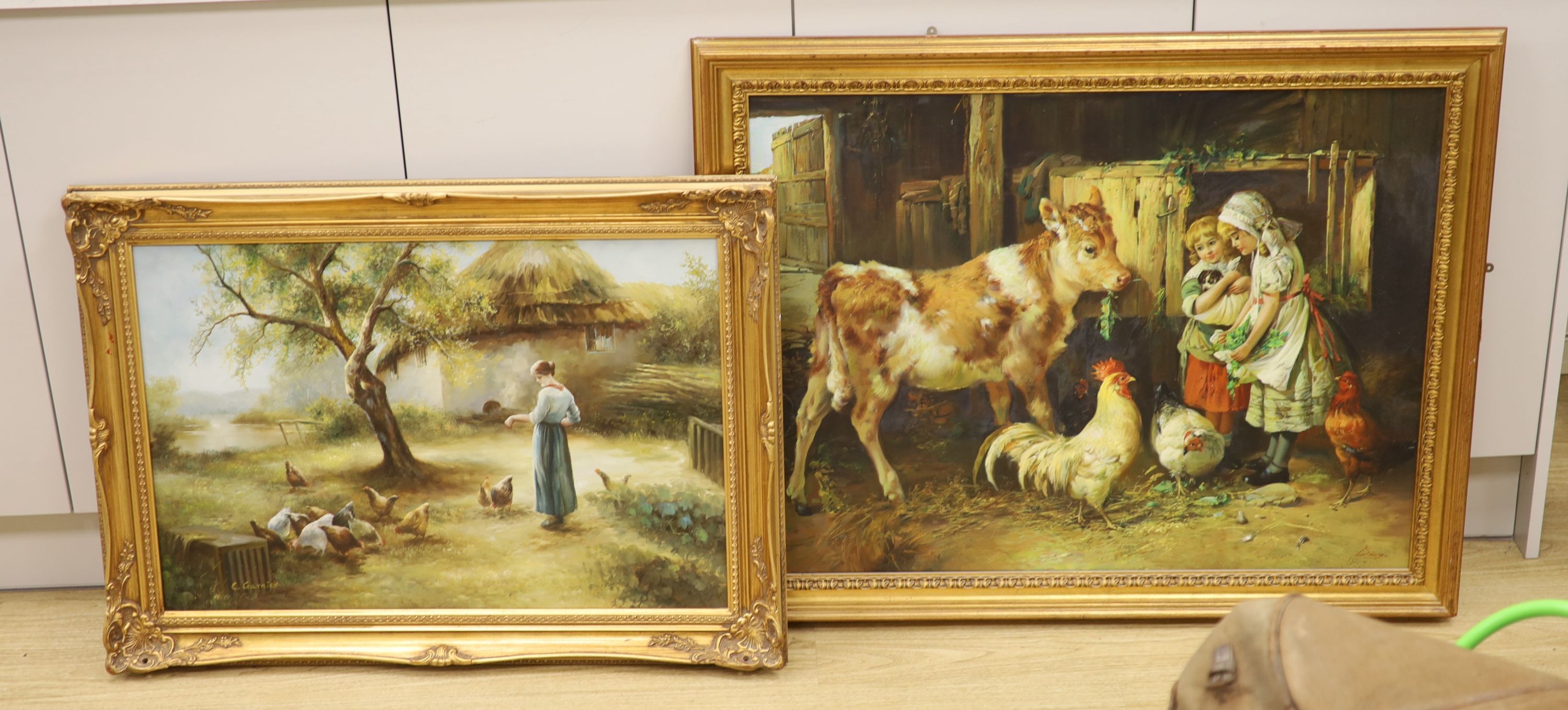 Continental School, oil on canvas, Girls in a farm with calf and chickens, bears signature, 66 x 87cm and a C. Garnier (20th century British), oil on canvas, 